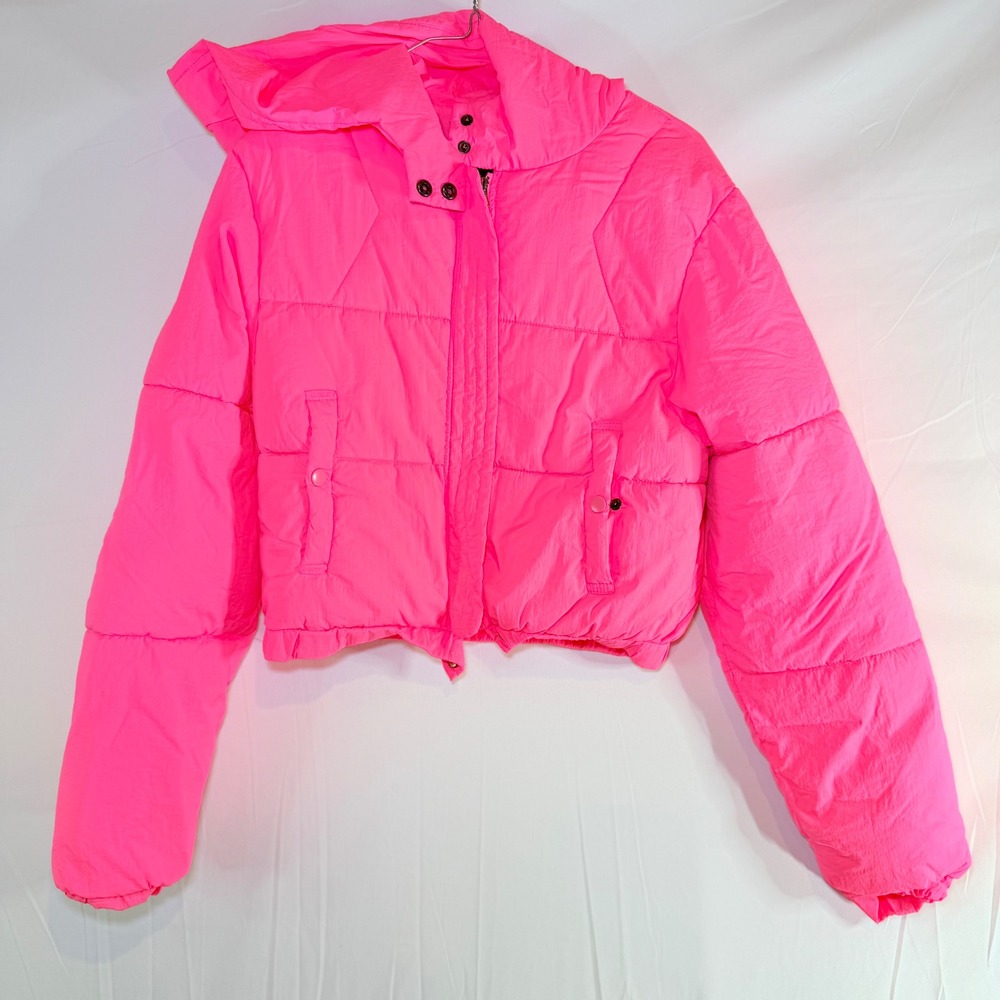 ANWND Kids‎ Neon Pink Cropped Puffer Jacket Hooded Quilted Winter Coat Small